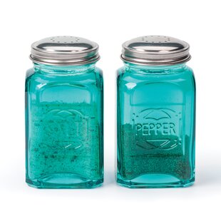 Green Retro Style Glass Salt and Pepper Shakers Recycled Glass Stainless Tops 