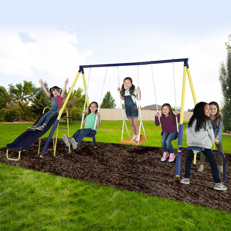 Sportspower Palmview Metal Swing Set with Teeter-Totter, Standing Swing, and 5ft Heavy Duty Slide
