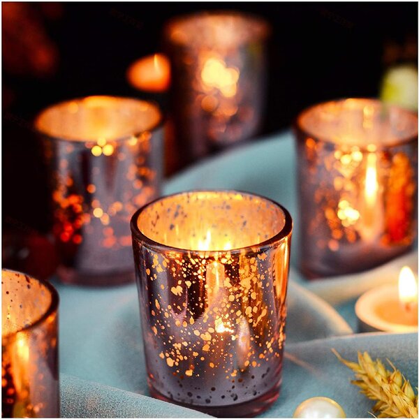 Green Tea Light Votive LED Candle Holders Crackle Glass Metal Stand Wedding Gift 