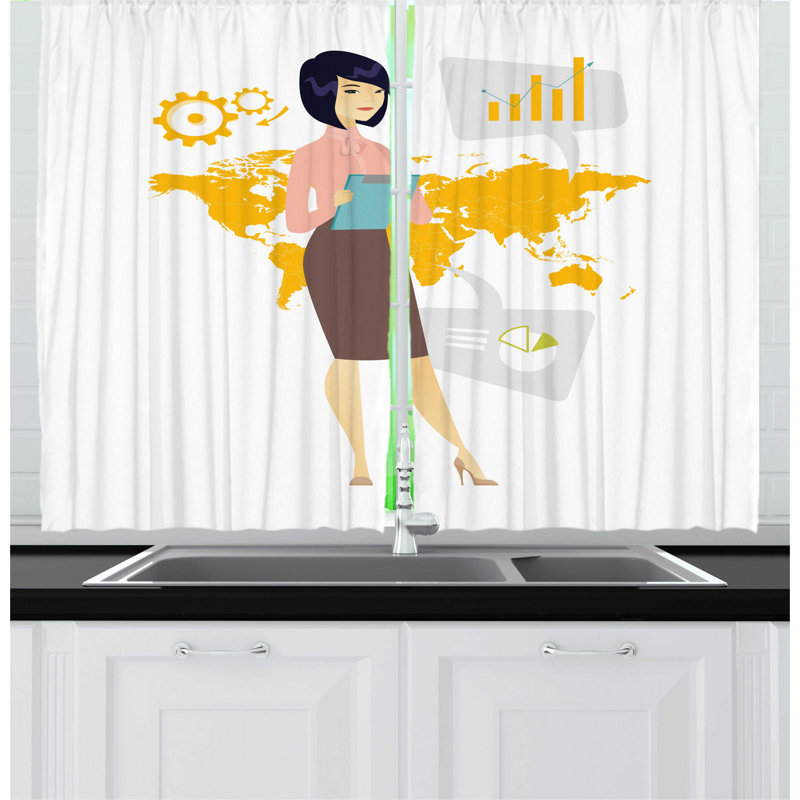 East Urban Home 2 Piece Boss Lady Professional Woman Working In Global Business World Map And Notepad Kitchen Curtain Set Wayfair