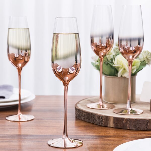 Set of 4 8 oz Stemmed Champagne Flutes Black and Gold Plated Wine Glasses 