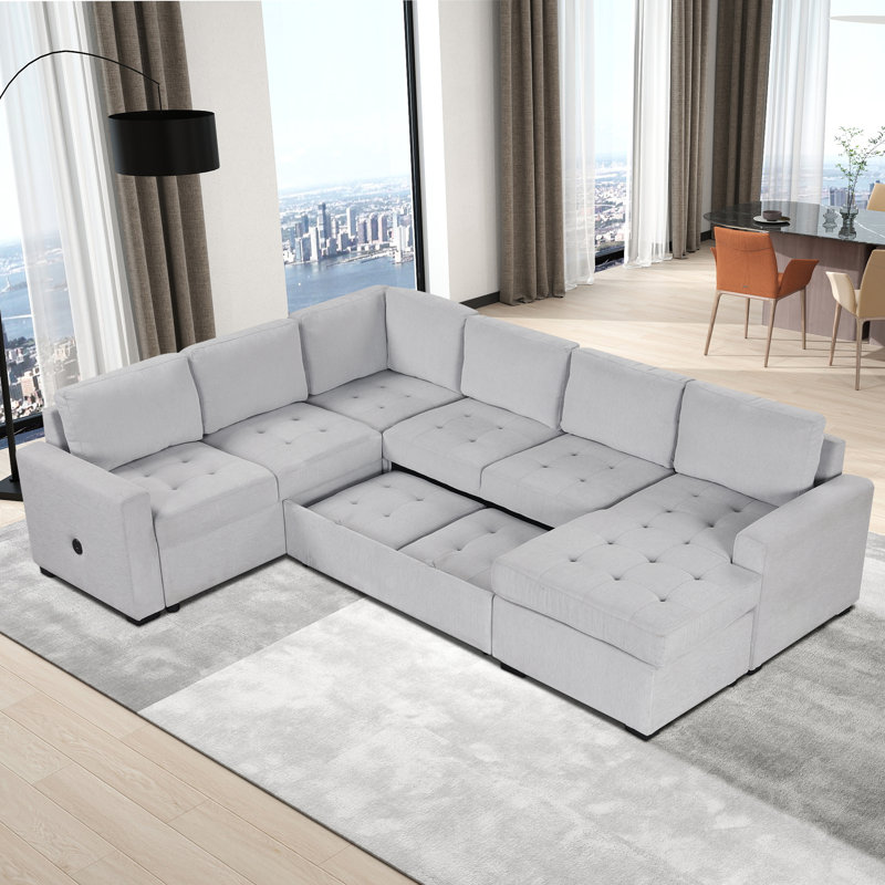 ( Incomplete missing box 3/4) 108.3" Chenille U-Shaped Corner Sectional Sofa Bed Pull Out Sleeper with Chaise & USB Ports Fabric: Gray Chenille