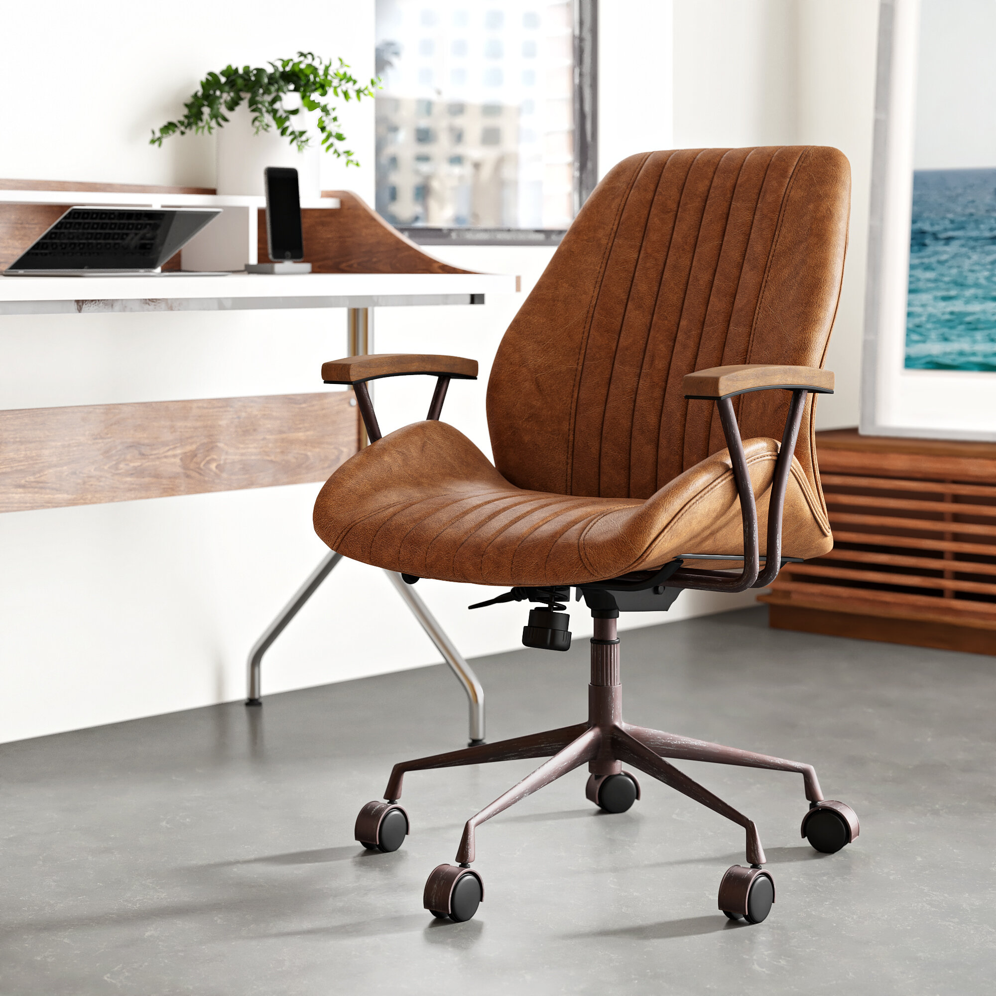 Brown Desk Chair : Luxe Midcentury Modern Brown Sueded Swivel Chair