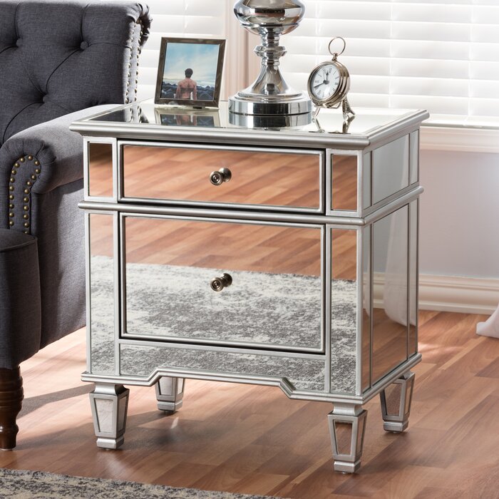 Beglin Hollywood Regency Glamour Style Mirrored 2 Drawer Nightstand