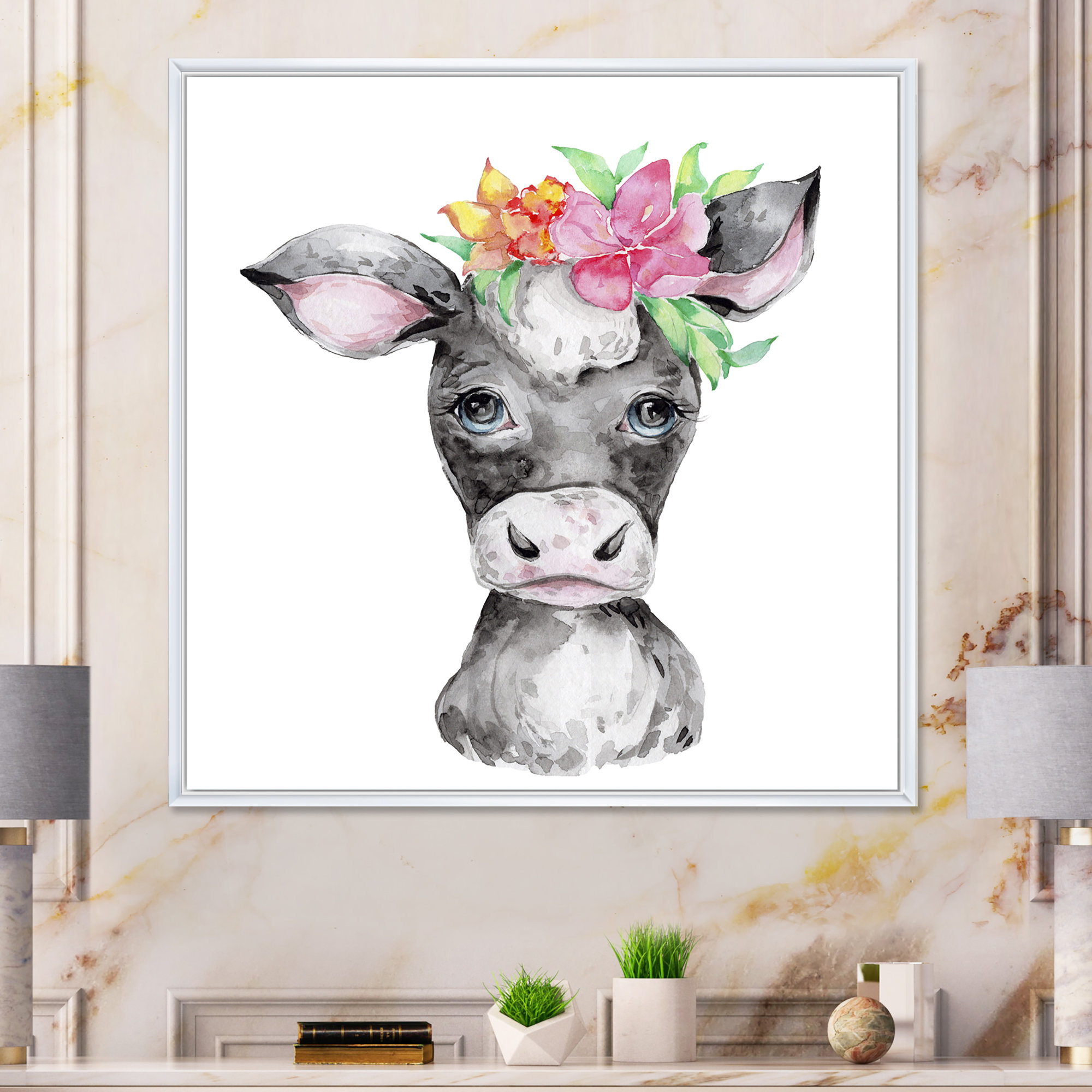Trinx Cute Cartoon Cow Floral Portrait Cute Cartoon Cow Floral Portrait -  Painting on Canvas | Wayfair