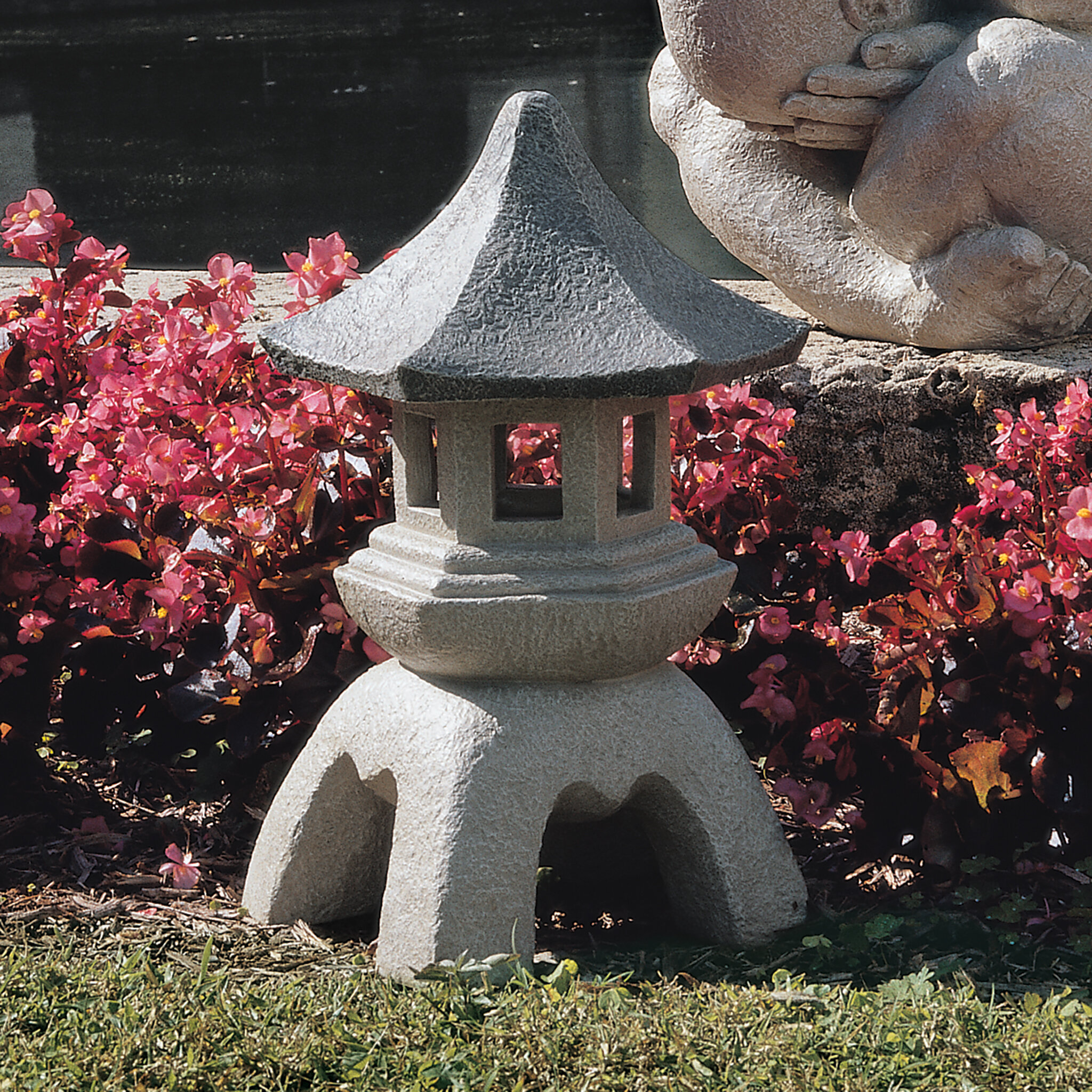 Medium 10 Inch Two Tone Stone Design Toscano Asian Decor Pagoda Lantern Outdoor Statue Polyresin 
