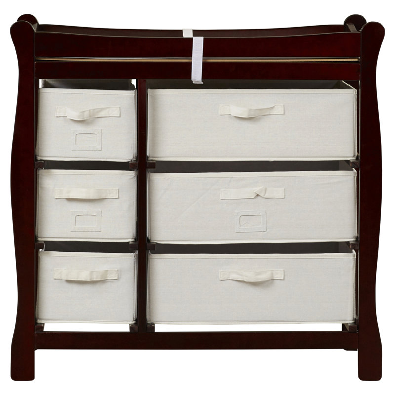 sleigh style baby changing table with 6 storage baskets and pad