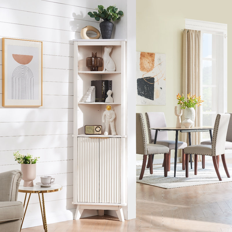 freestanding tall corner cabinet, corner bathroom storage cabinet adjustable shelf, display cabinet finish: solid white