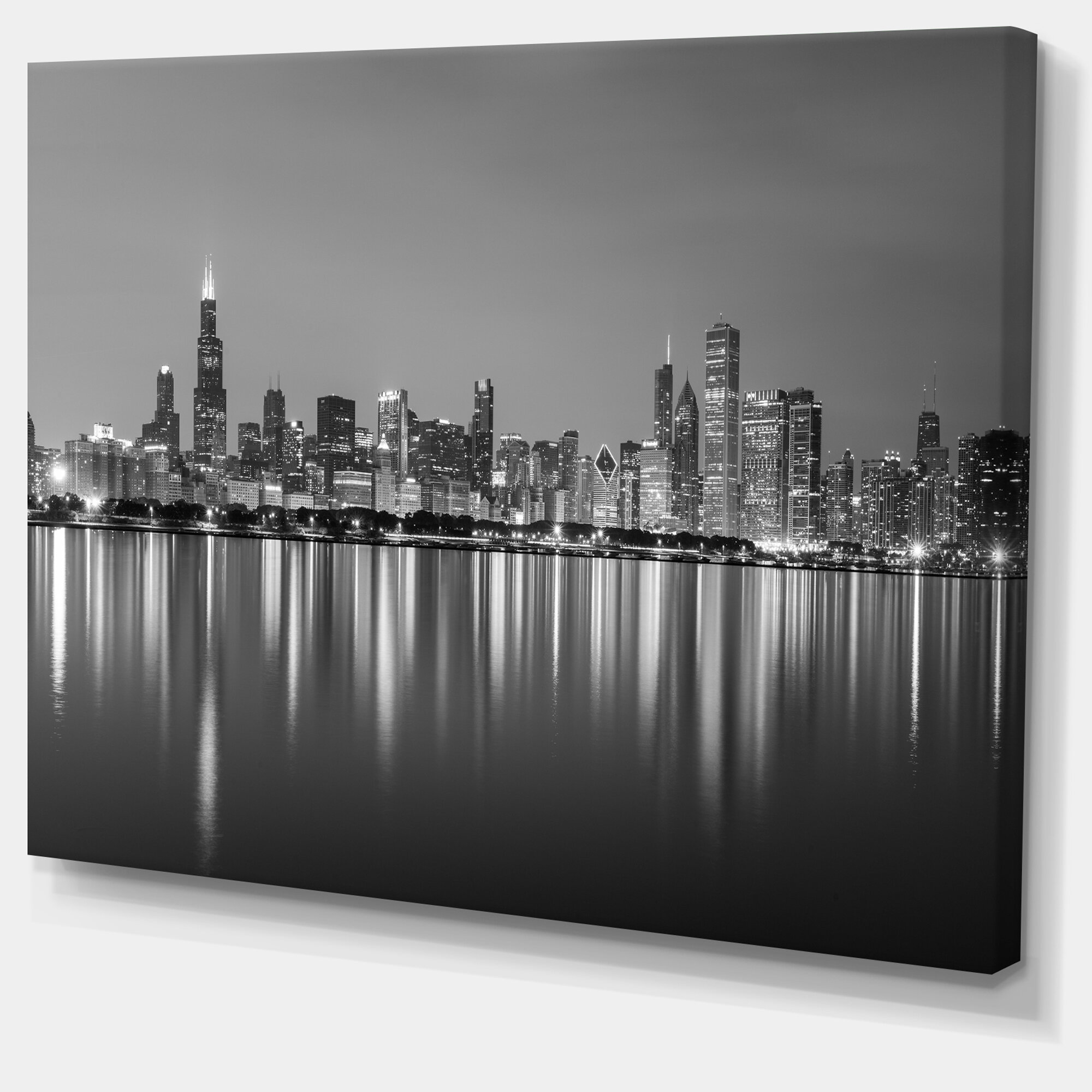 Cityscape Chicago Skyline At Night Black And White Photograph