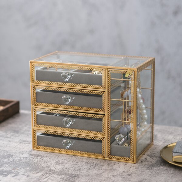 Deco Design Golden Vintage Jewelry Glass Box Penagonal Faceted Clear Glass & Brass-Tone Metal Hinged Top Cover Table top Display Case 