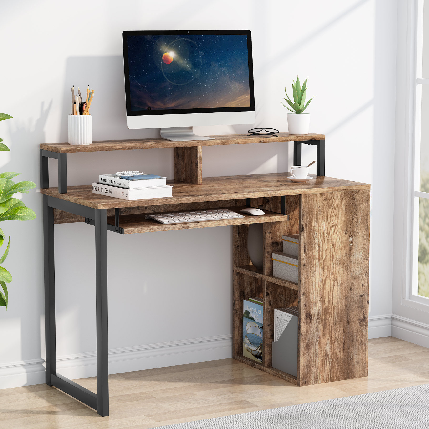 Latitude Run® Computer Desk, Office Desk with Keyboard Tray and Storage