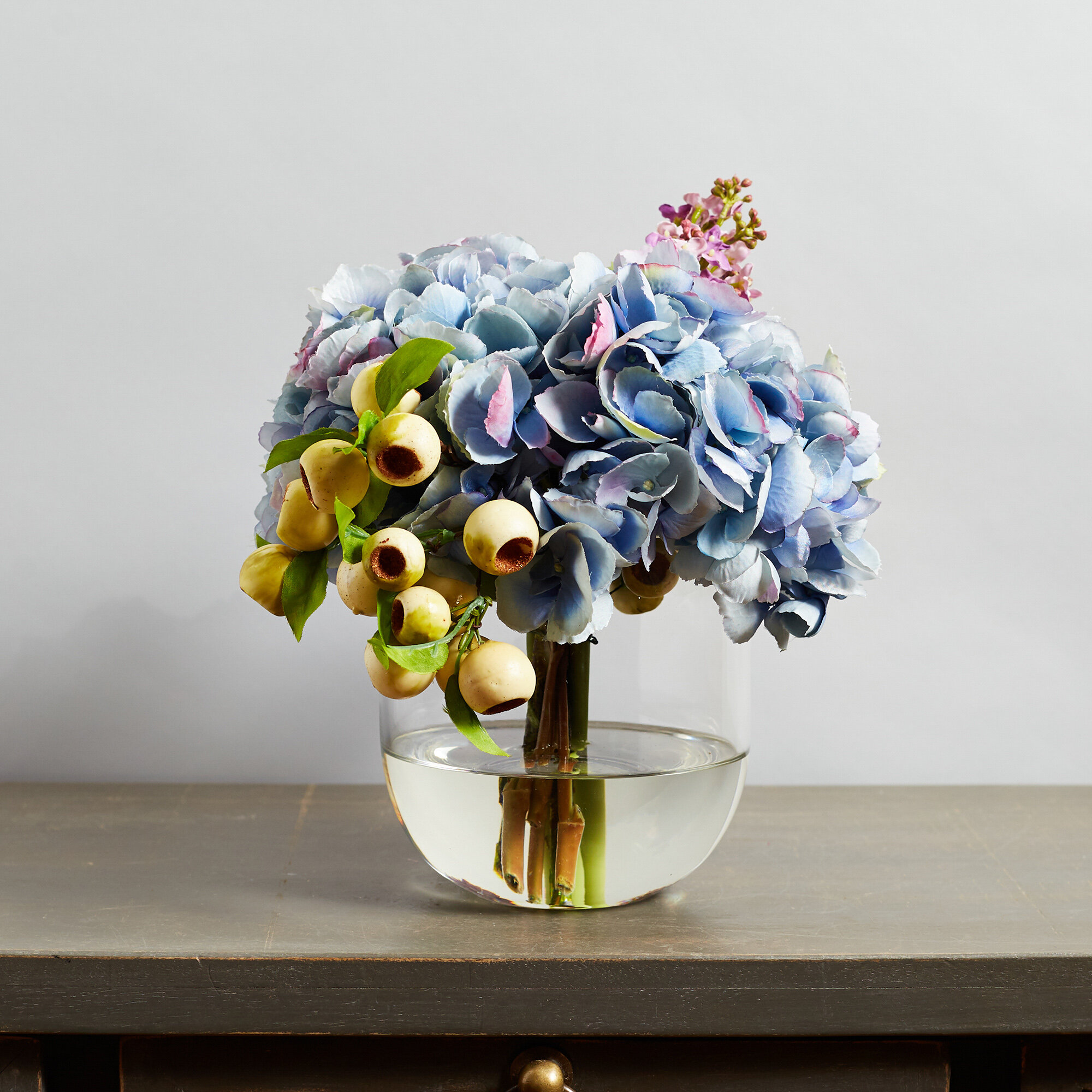 Darbycreektrading Blue Hydrangea Lilac Crater Berry Spring Floral Arrangement Centerpiece In Glass Vase Wayfair