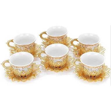 4 oz.- Gold Espresso Cups Set Adults New Home Wedding Gifts Housewarming Luxury Turkish Porcelain Coffee Cups Set of 6 and Saucers Demitasse Gift Coffee Cup For Women Mixed Men Greek Coffee 