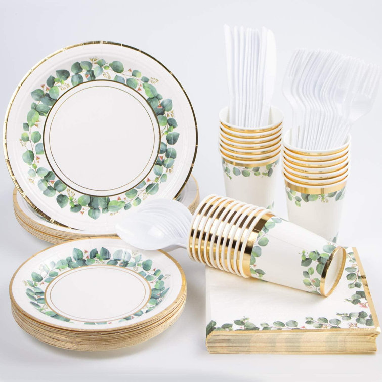 Old Hong Trading Greenery Jungle Party Supplies 168pcs Serves 24 Gold Foil Disposable Paper Plates Napkins Cups Knives Spoons Forks Decorations For Wedding Baby Shower Birthday Bridal Shower Wayfair