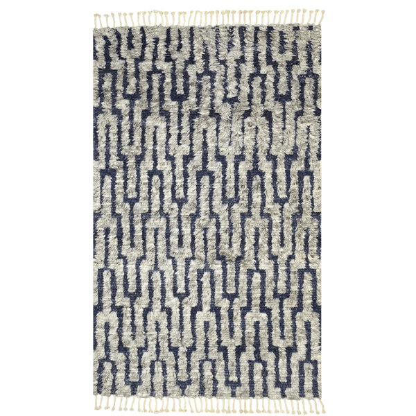 Cale Boho Chic Hand Knotted Wool Navy Beige Area Rug Cale Boho Chic Hand Knotted Wool Navy Beige Area Rug