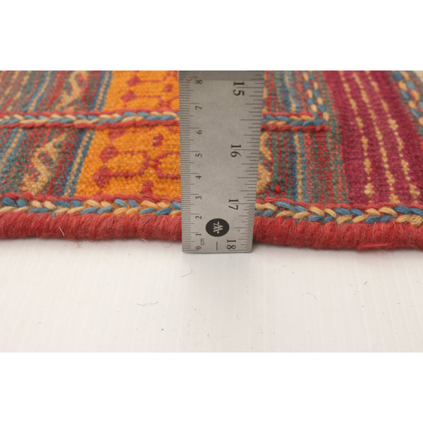 Foundry Select Zeman Handmade Kilim Wool Light Blue Light Orange Red Rug Wayfair