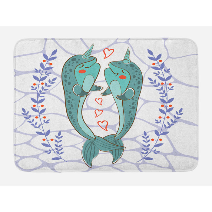 Ambesonne Narwhal Bath Mat By Valenties Day Themed Illustration With Colorful Whales In Love Aquatic Adoration Plush Bathroom Decor Mat With Non