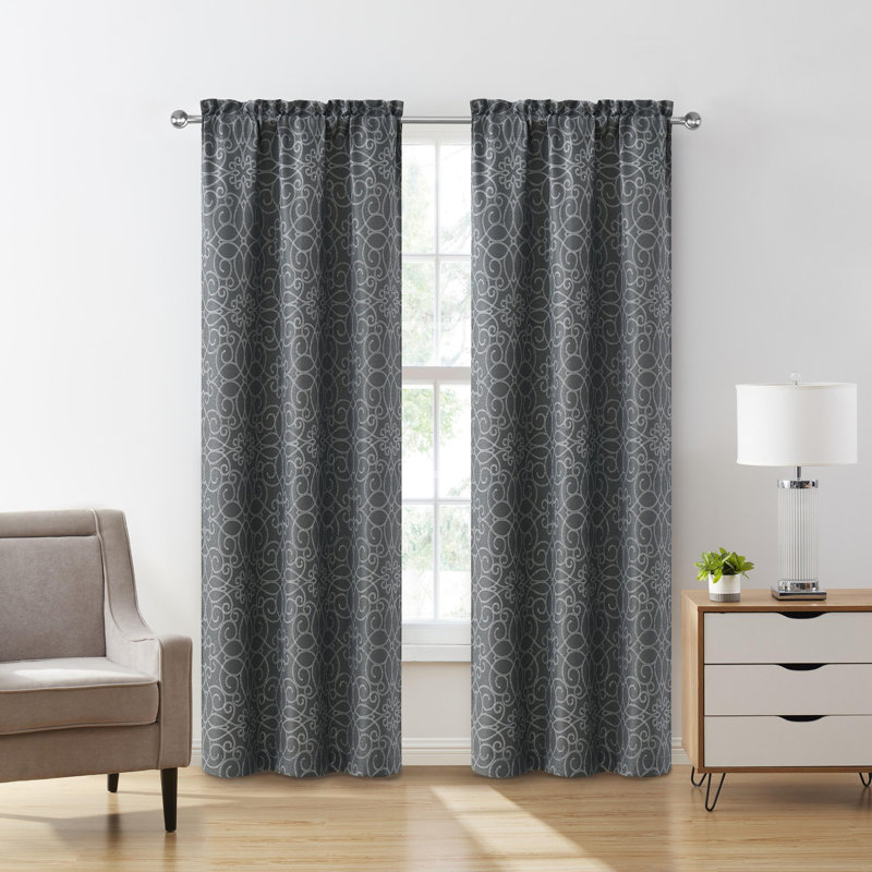 Versailles Scroll Rod Pocket Blackout Curtain  1Panel Curtain Color: Charcoal 52inX84in 