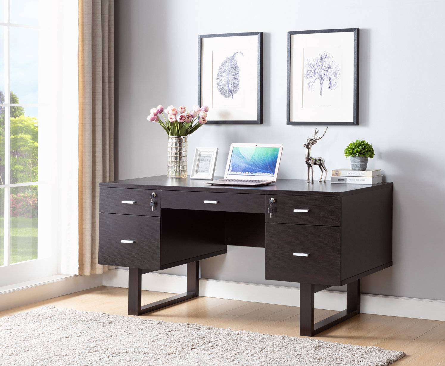 Latitude Run Juliane Writing Desk With 5 Lockable Drawers Wayfair