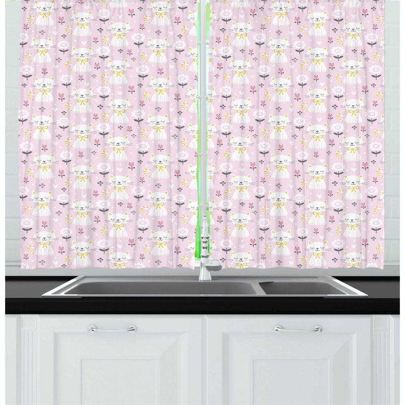 East Urban Home Kitten Flowers Cats with Striped Tails and a Ribbon Kitchen  Curtain