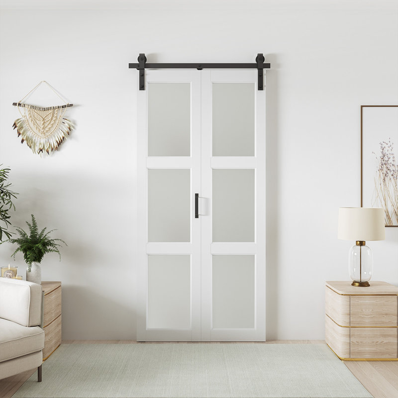 3-lite 84" manufactured wood and glass paneled bifold barn door with installation hardware size: 36" x 84"