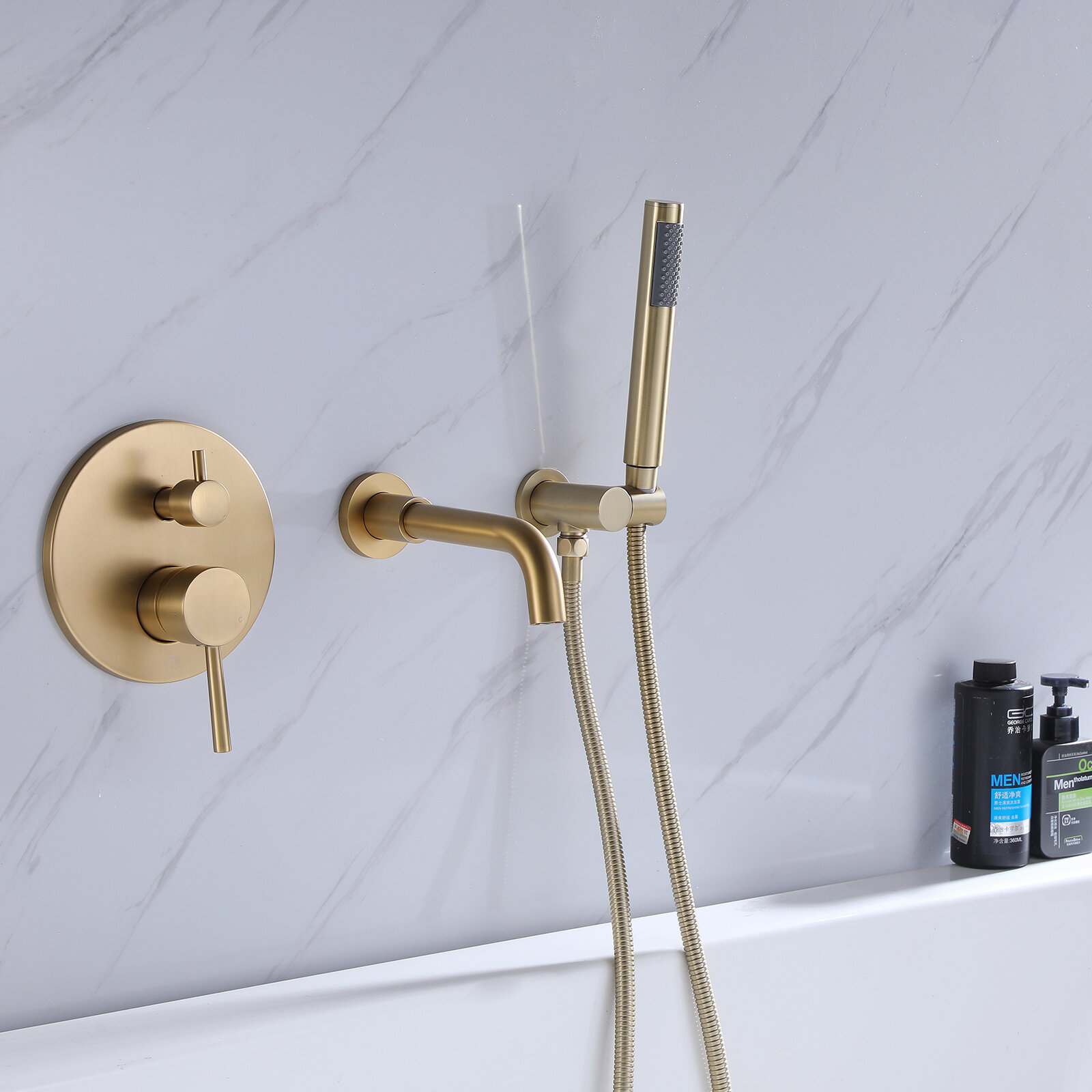Details about   Brushed Gold Floor Mount Bath Tub Filler Complete Shower Units Handheld Spary 