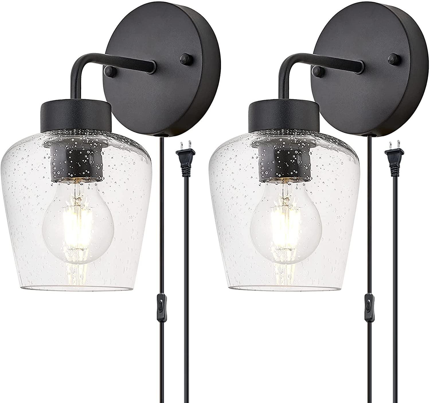 Plug in Wall Sconce Set of 2,Clear Glass Shade Matte Black Wall Lamps with ON/Off Cord,for Bedroom,Stair,Reading,Bedside,Living Room,Dining Room