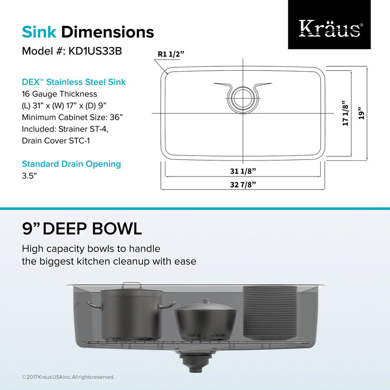 Dex Series Single Bowl 33 X 19 Undermount Kitchen Sink With Drain Assure Waterway