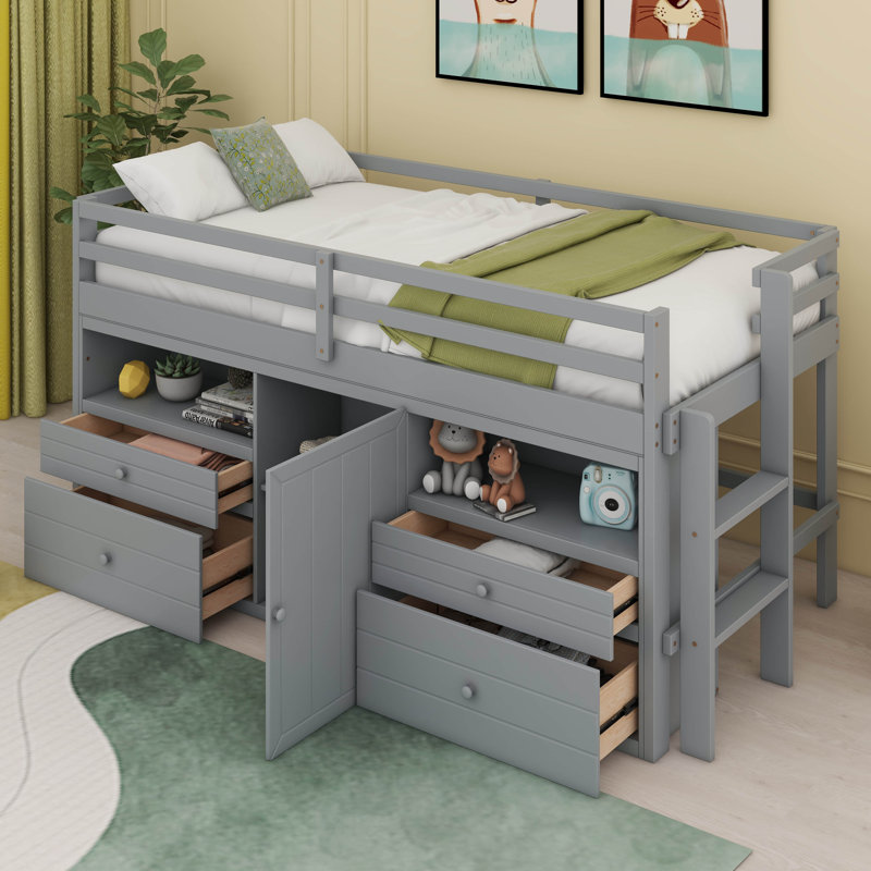 Leda Twin Size Loft Bed with 4 Drawers, Underneath Cabinet and Shelves Color: Gray