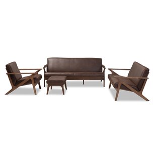 Burnsdale Mid-Century Modern Walnut Wood Dark Brown Distressed Faux Leather Livingroom Sofa Set by George Oliver