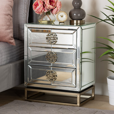 Laken Contemporary Glam and Luxe Mirrored and Antique  3-Drawer End Table