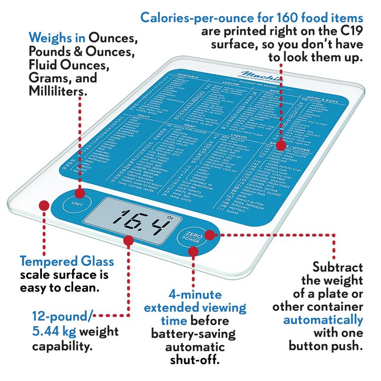 Mackie C19 Digital Kitchen Scale WIth Quick Calorie Reference Guide Gray 