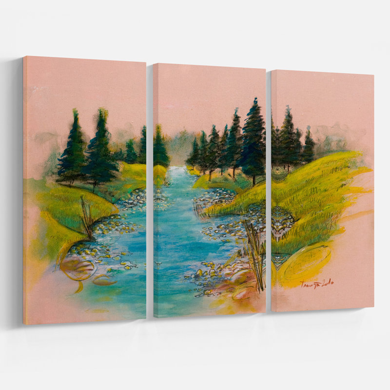 East Urban Home Pine Trees In Blue River Oil Painting Print