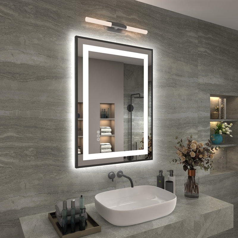 Aevar Super Bright Front & Back LED Lighted Anti-Fog Aluminum Alloy Framed Tempered Glass Bathroom/Vanity Mirror with ETL & 3-Year Warranty Size: 28" x 20"