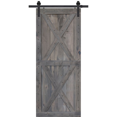 Paneled Wood Finish Double X Barn Door Without Installation