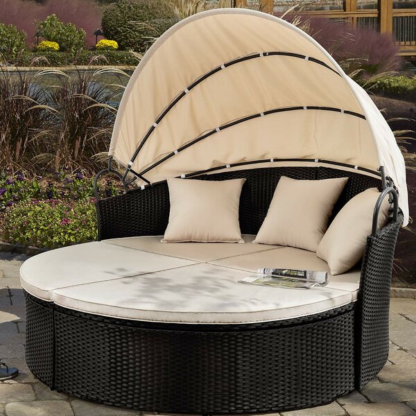 Clamshell Sectional Seating Wicker Furniture with Retractable Canopy Furniture for Backyard Porch Black Crownland Outdoor Patio Canopy Bed Round Daybed with Washable Cushions Pool Round Bed