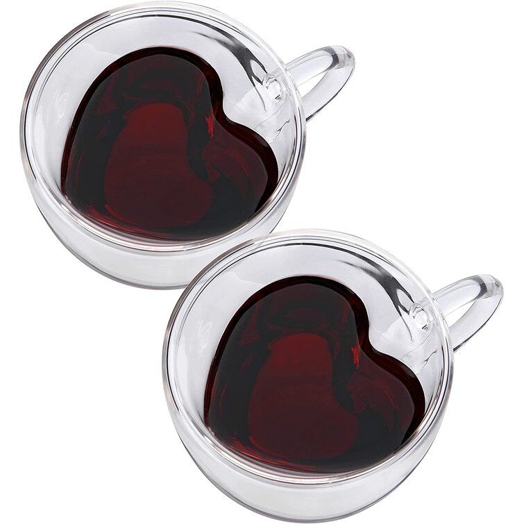 Heart Shaped Double Walled Insulated Glass Coffee Mugs or Tea Cups with Handle 