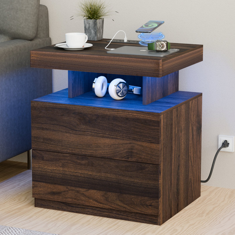 Brenard Manufactured Wood Nightstand with Wireless Charging Station, LED Light and 2 Drawers Color: Walnut
