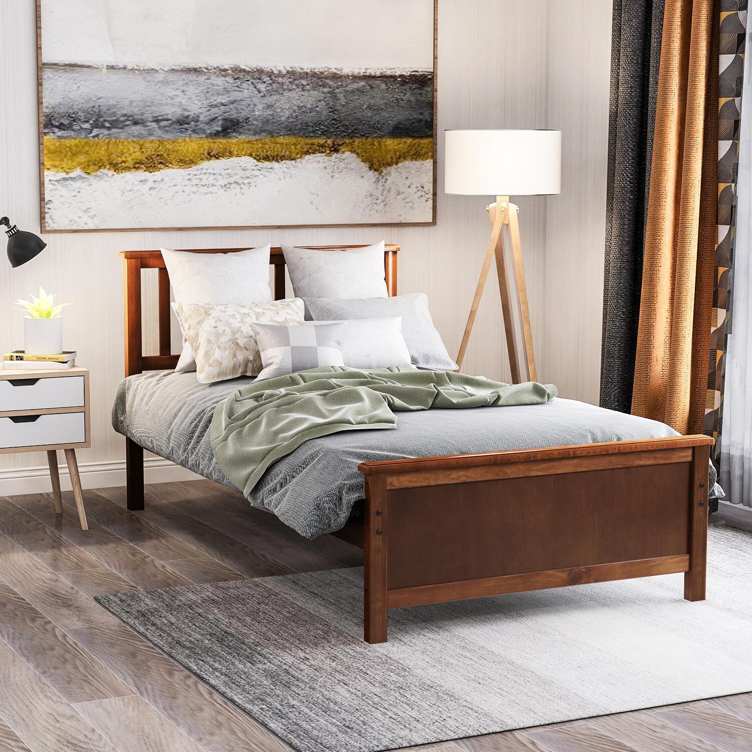 Beig Details about   Contemporary Platform Bed Frame with Headboard and Wooden Slats Full Size 