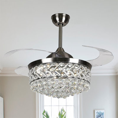42''Retractable Crystal Chandelier Fan With Remote Control 3 Color 3 Speed Change