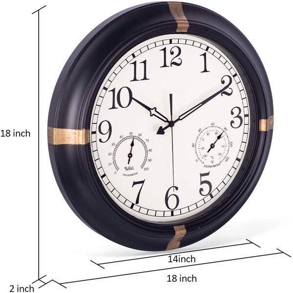 Color : Black Patio Clocks Outdoor 14 Inch Silent Wall Clock with Thermometer and Humidity Large Display Battery Operated for Bedroom Kitchen Living Room