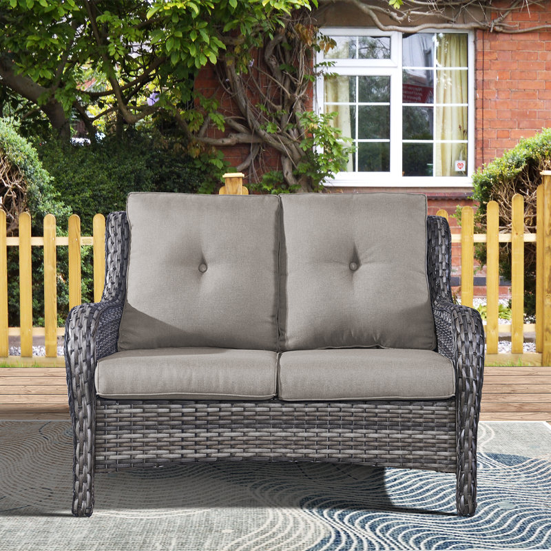 Ambarvale 53'' Wide Outdoor Wicker Reversible Loveseat with Cushions Cushion Color: Gray, Frame Color: Brown