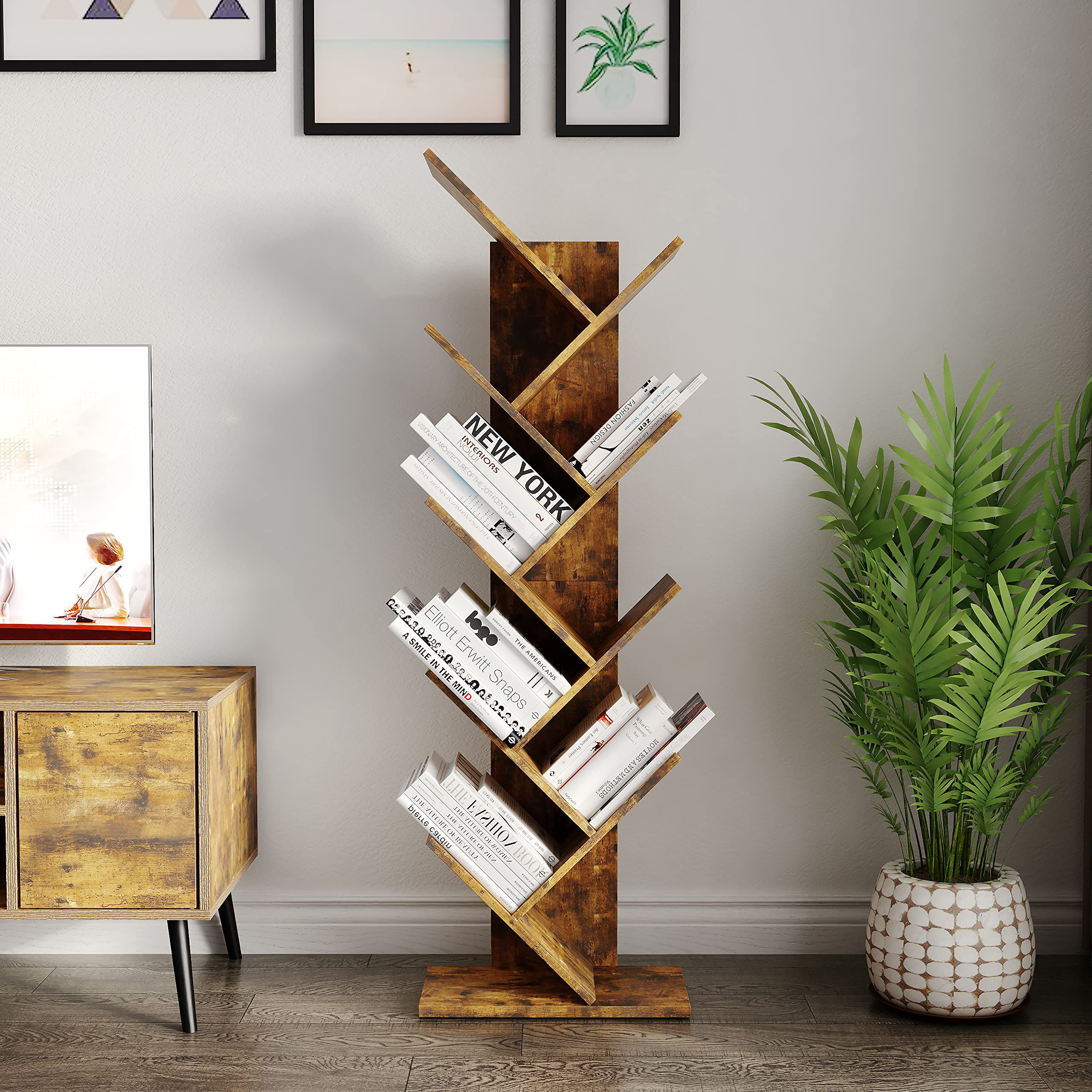 Latitude Run® 9Tier Bookshelf,Magazine CD Geometric Bookcase, Wood Tree Bookshelves, Free