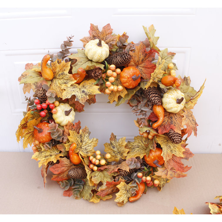 Household Halloween Door Artificial Fall Wreath with Pumpkins Maple Leaf Berries 
