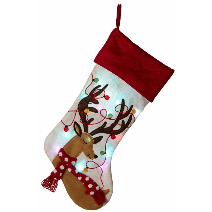 The Holiday Aisle® LED Embroidered Linen Christmas Deer Stocking ...