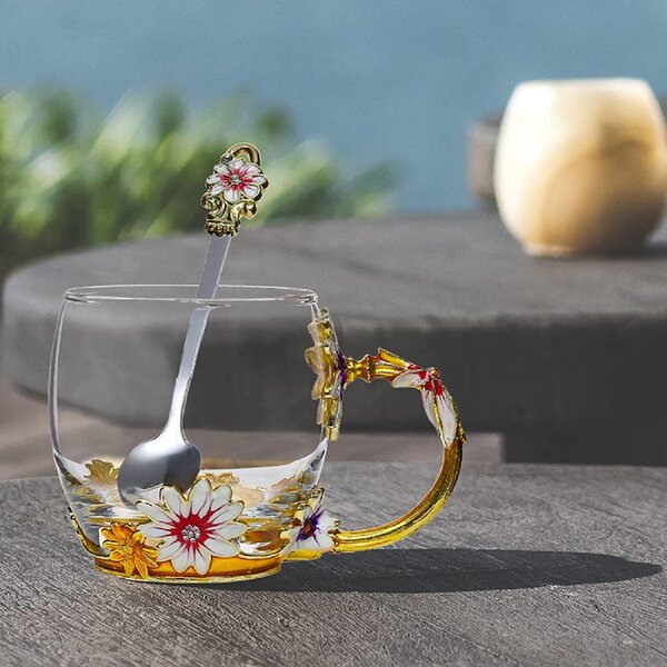 Crystal Glass Enamel Rose Flower Tea Cup Juice Cups Coffee Mugs Holiday Gifts 