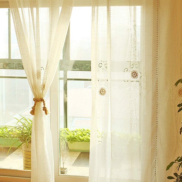 2-Pc Crystal Magnetic Window Curtain Panel Tie Back-No Tool Needed-White Flower 