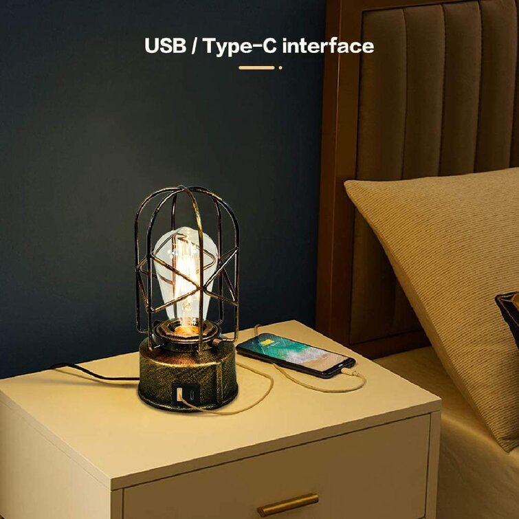 Type-C Vintage Desk Lamp Bedside 3 Way Dimmable and Touch Control,Two Ways to Use USB Industrial Table Light Steampunk Antique Nightstand Lamp Edison Bulb with E26 Base for Living Room with Lampshade 