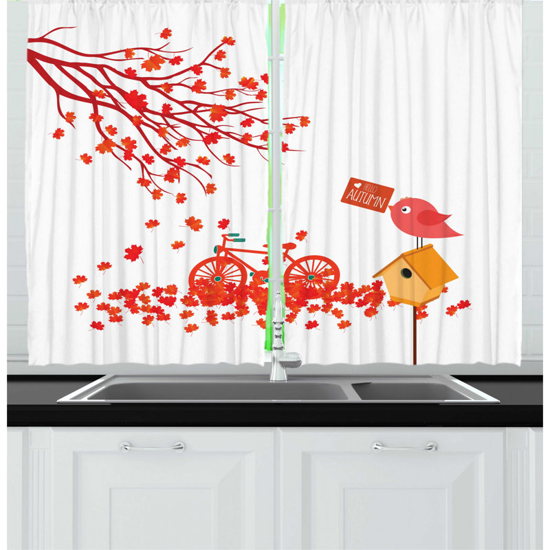 East Urban Home 2 Piece Birdhouse Leaves Tree Foliage Bicycle Nest Autumn Illustration Kitchen Curtain Set Wayfair
