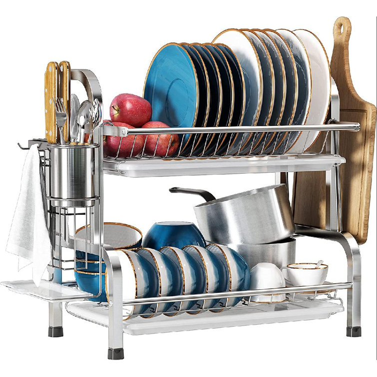Dish Drying Rack,2 Tier Dish Rack Drainboard Set, Stainless Steel Compact  Dish Drainer For Kitchen Counter With Utensil Knife Holder, Cutting Board  ...